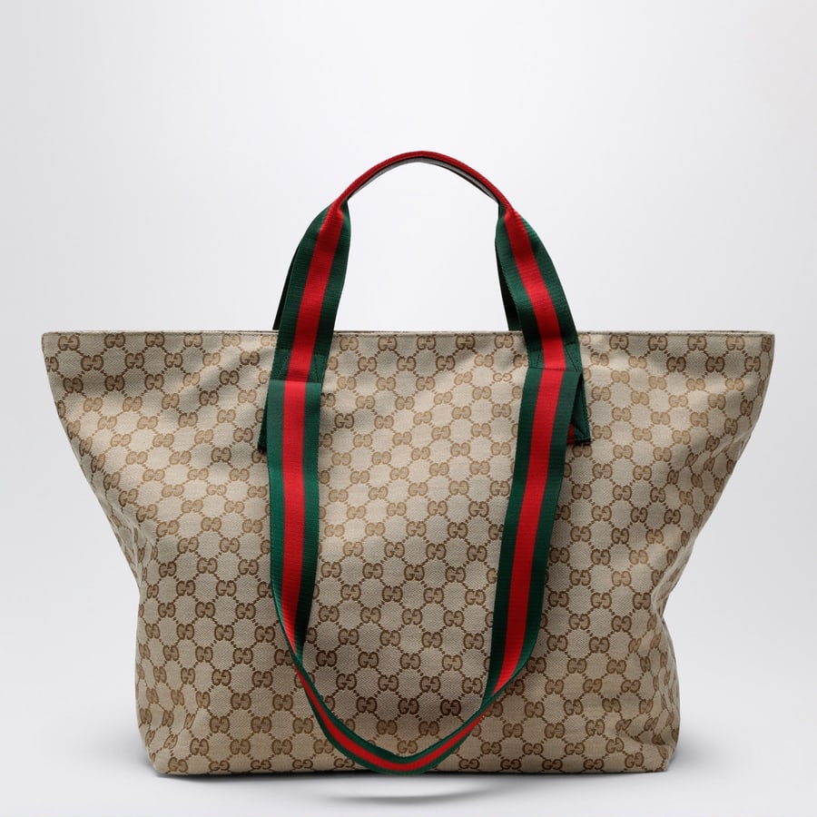 Gucci Borsa shopping media in tessuto GG beige sabbia