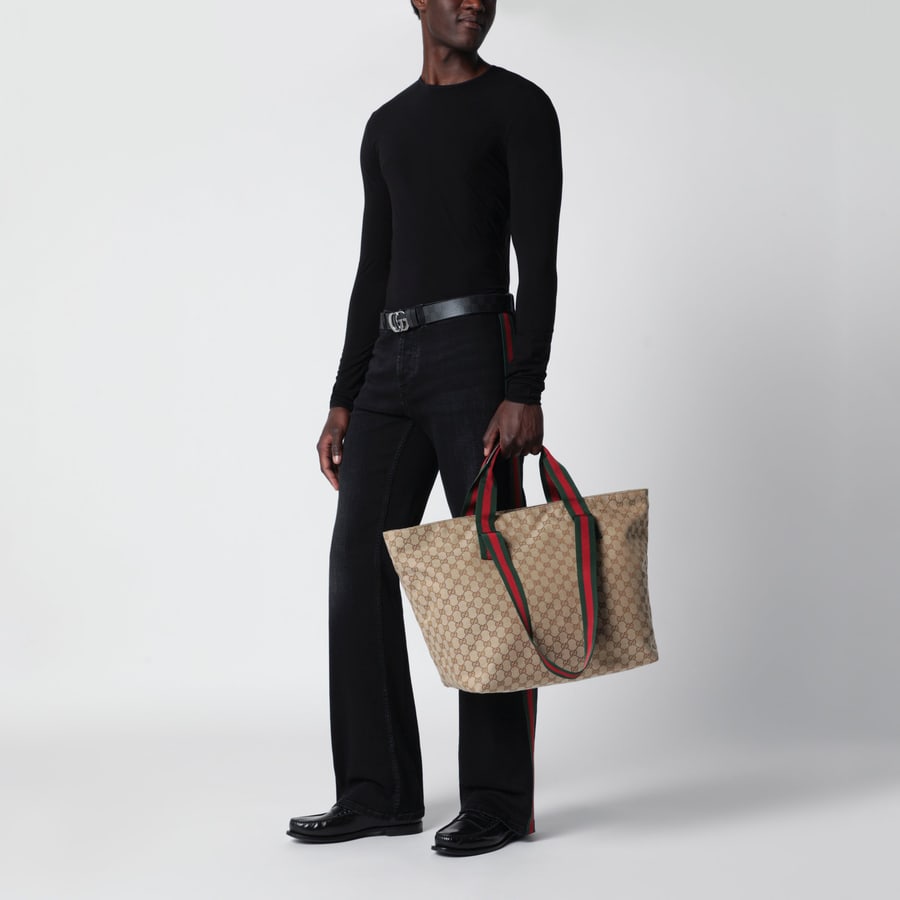 Gucci Borsa shopping media in tessuto GG beige sabbia, view 2