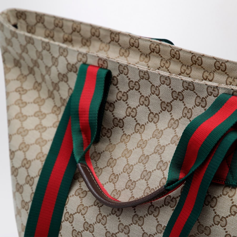 Gucci Borsa shopping media in tessuto GG beige sabbia, view 6