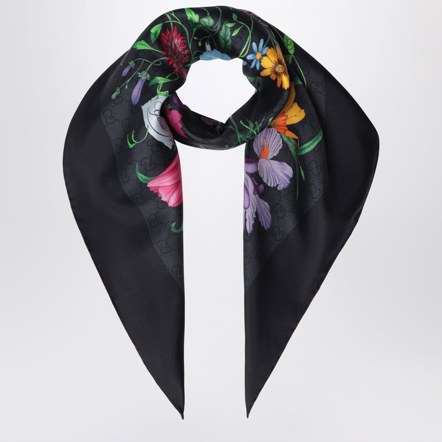 Gucci Carré in twill di seta con stampa GG Flora nero