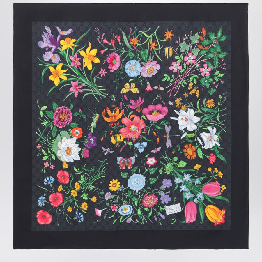 Gucci Carré in twill di seta con stampa GG Flora nero, view 3