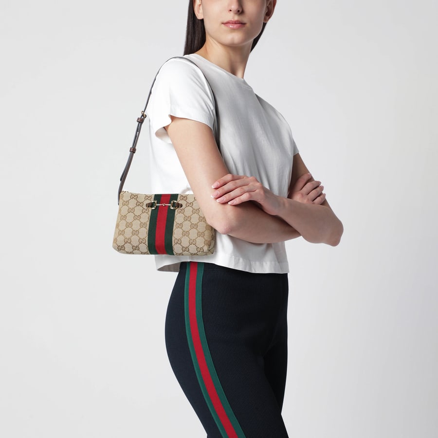 Gucci Borsa a spalla in tessuto GG color sabbia, view 2
