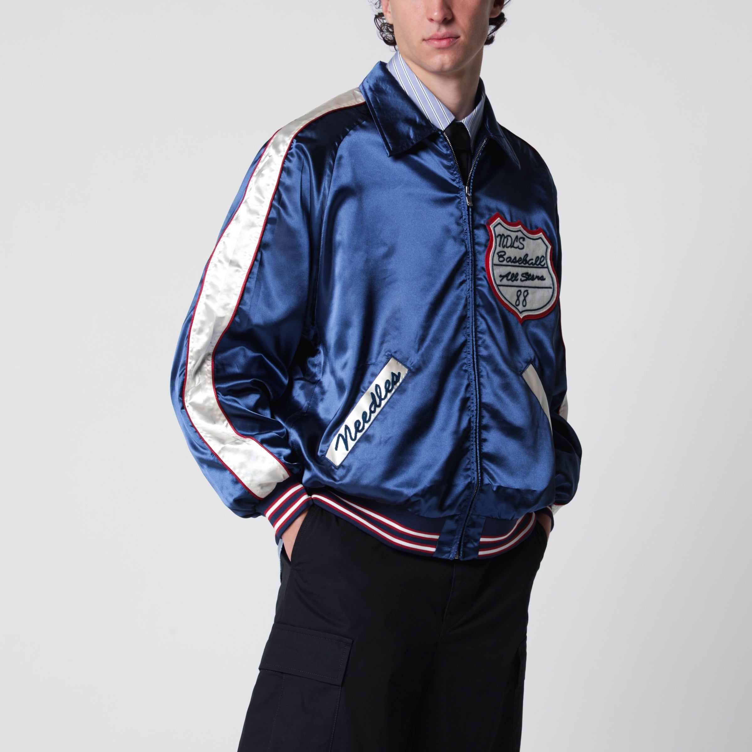 NEEDLES Giacca Stadium Jacket in raso di poliestere navy