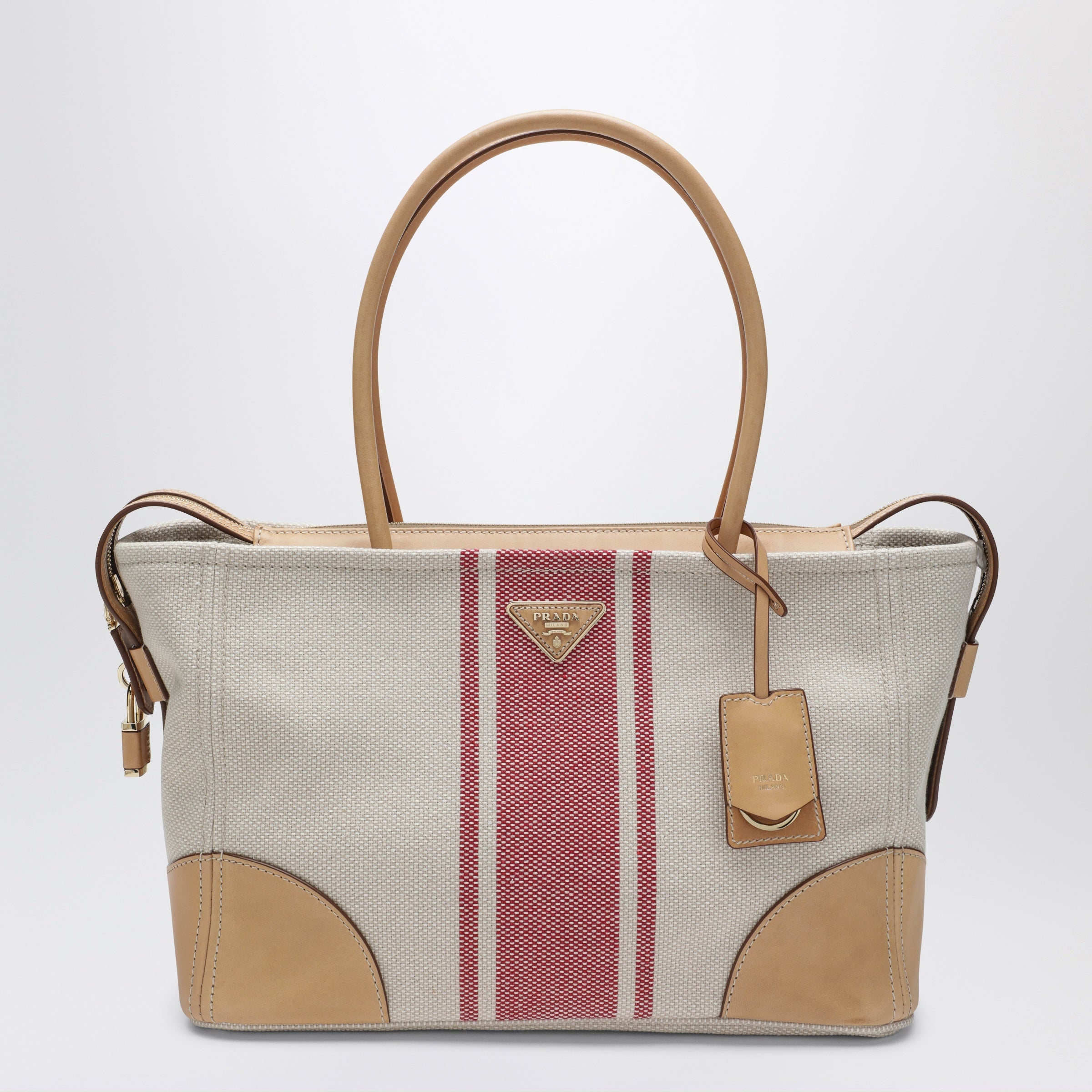 Prada Borsa shopping large in canvas e pelle naturale/rosso
