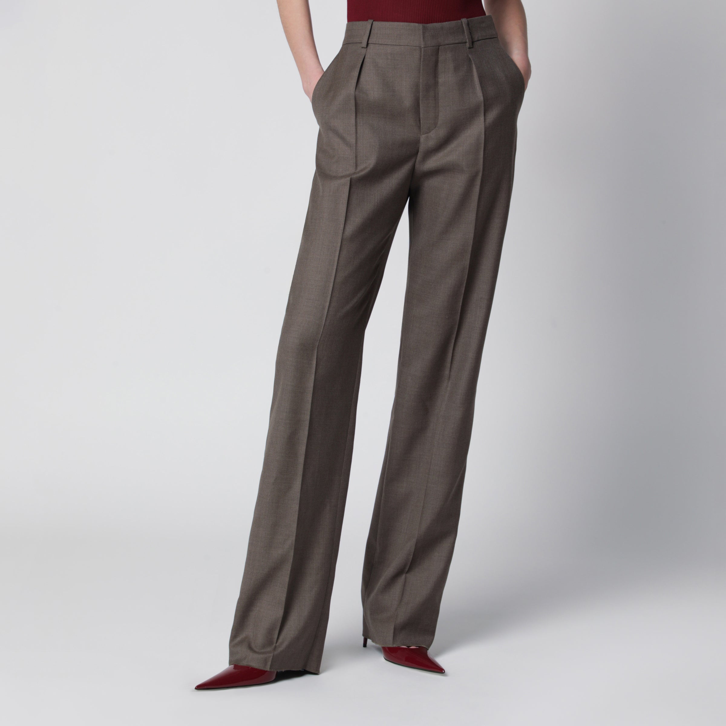 Saint Laurent Pantaloni sartoriali a vita media in lana marroni