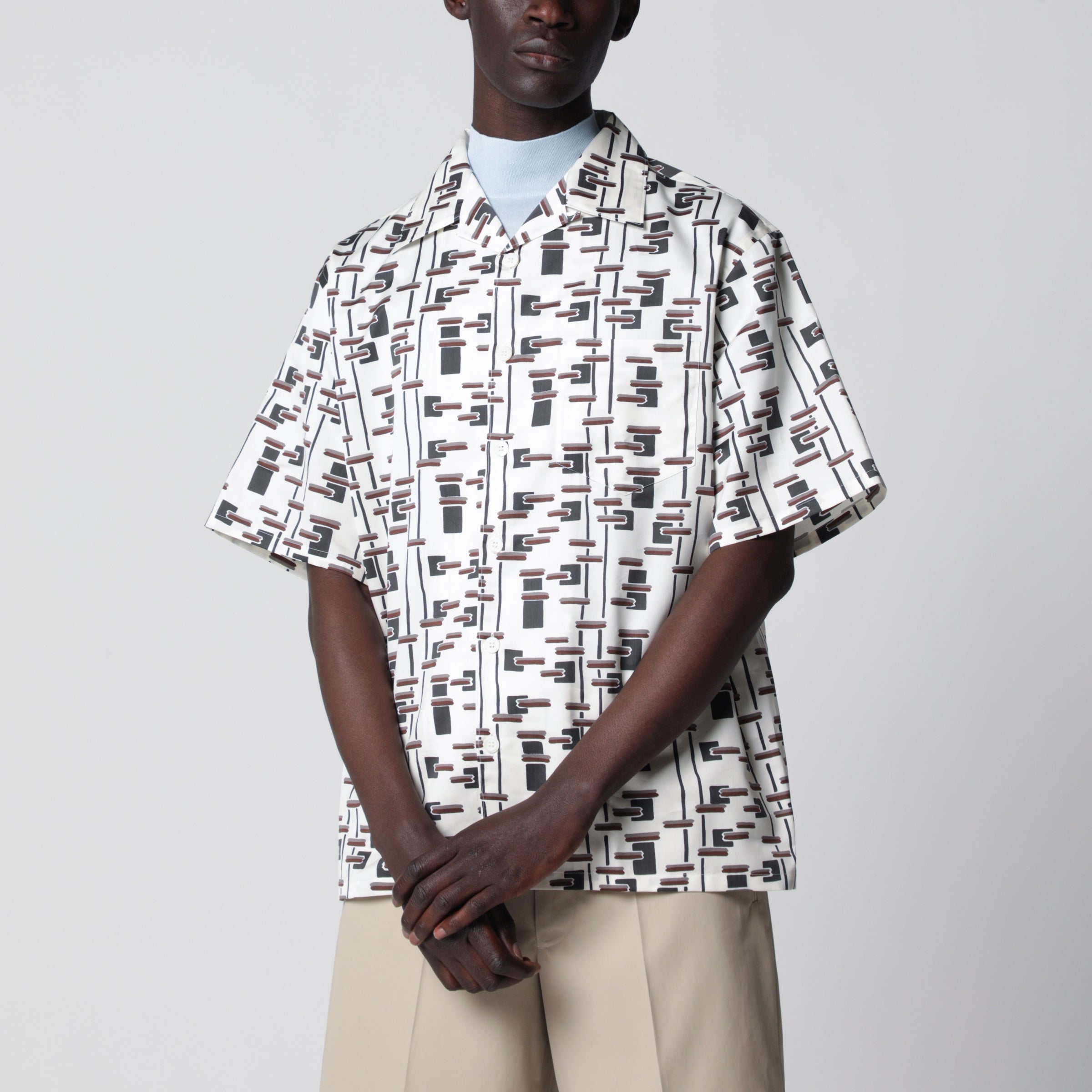 Prada Camicia con stampa Naturale/Bordeaux in misto seta