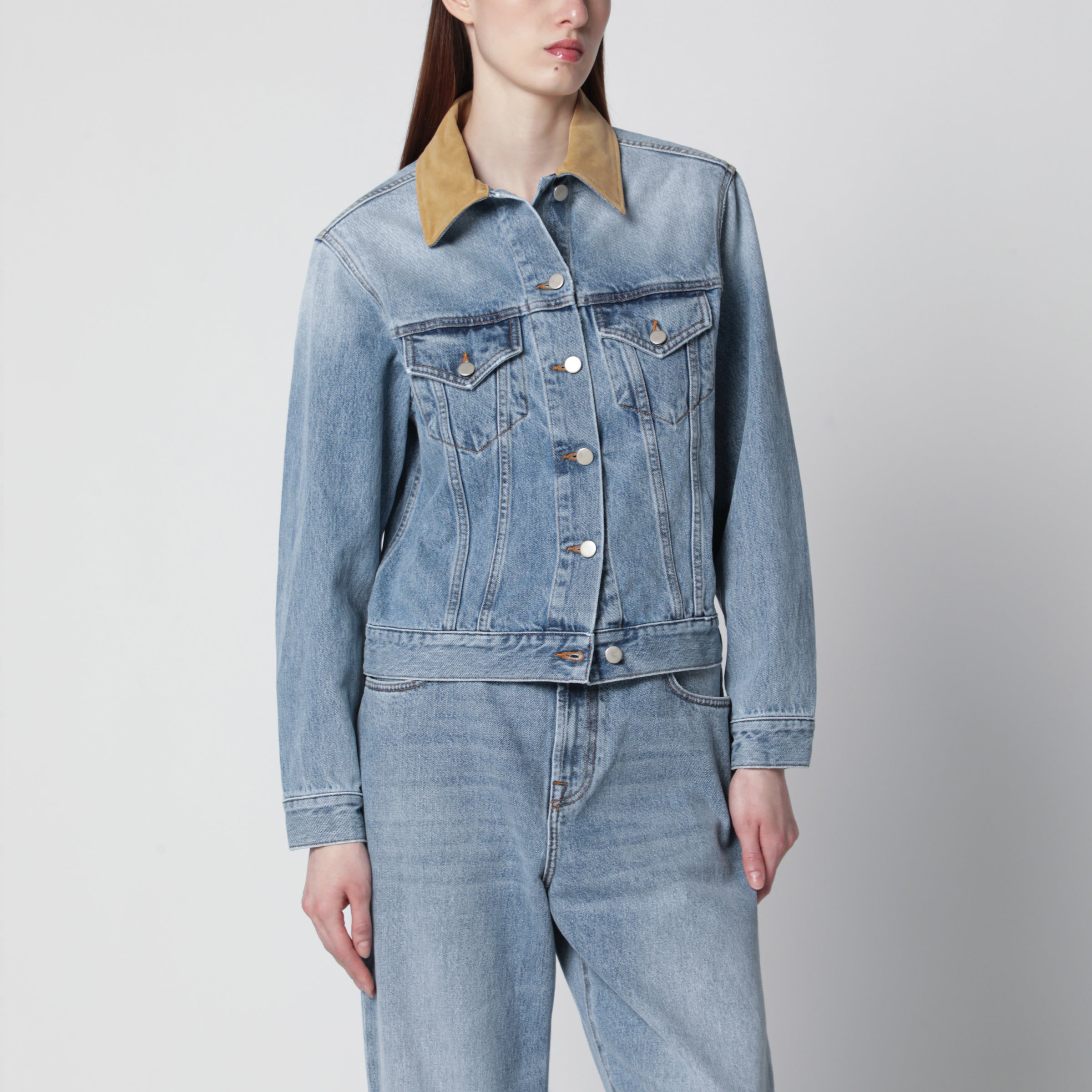 ROHE Giacca in denim blu con colletto in suede