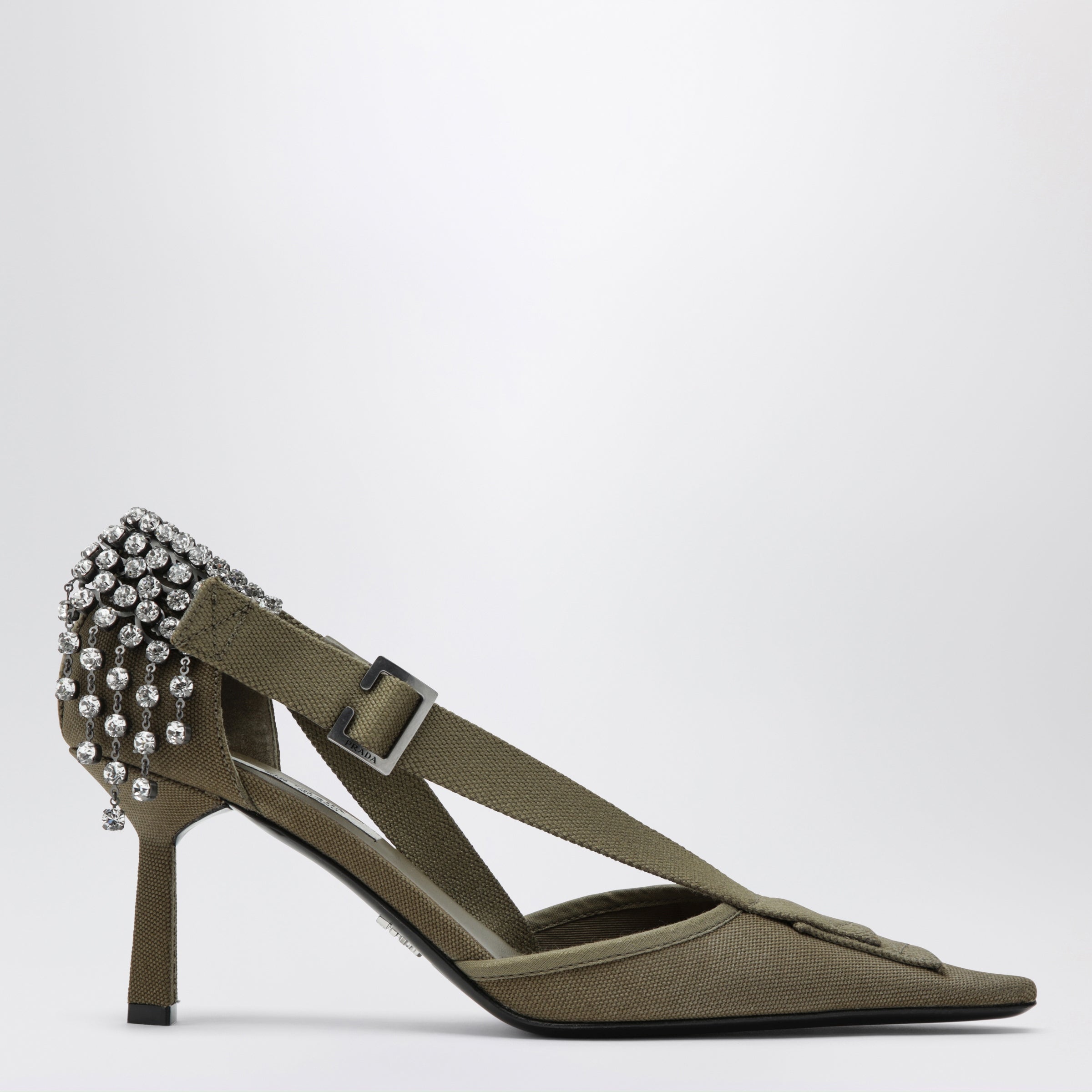 Prada Décolleté in canvas verde militare con cristalli