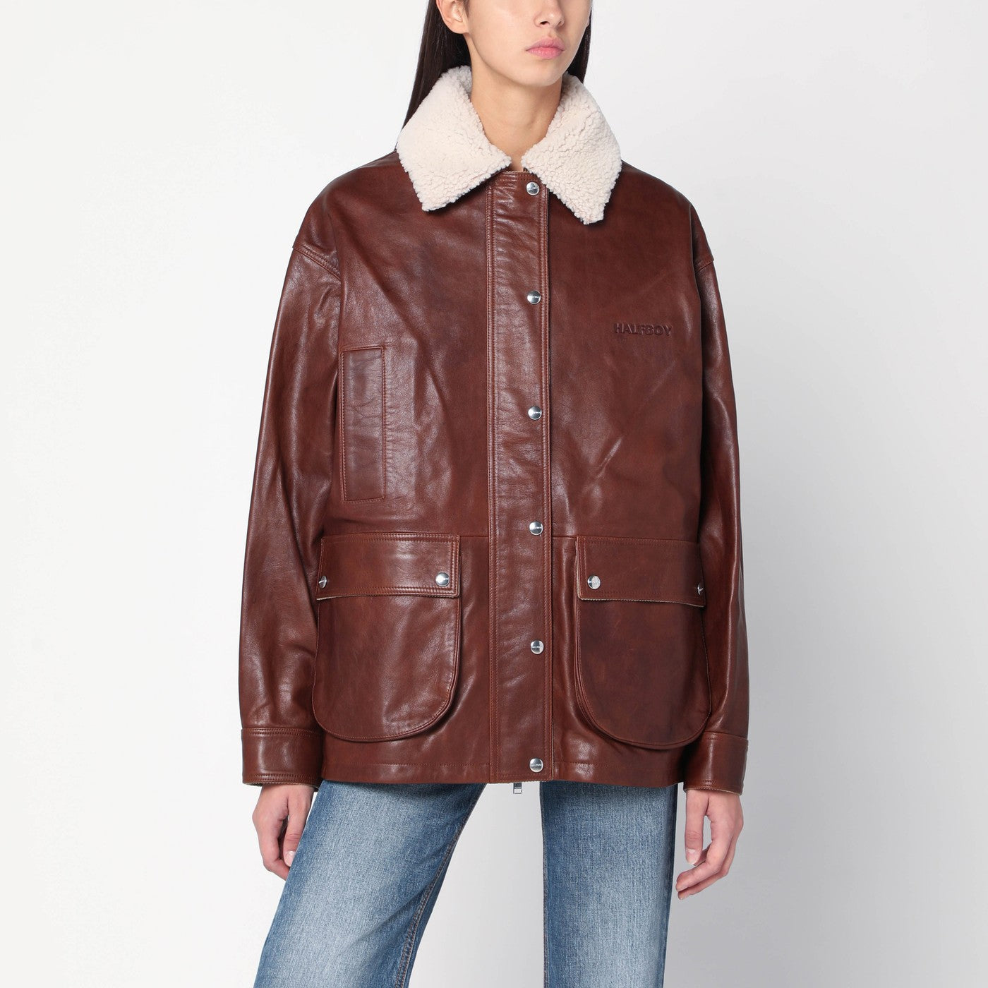 HALFBOY Giubbotto marrone in pelle con collo in shearling