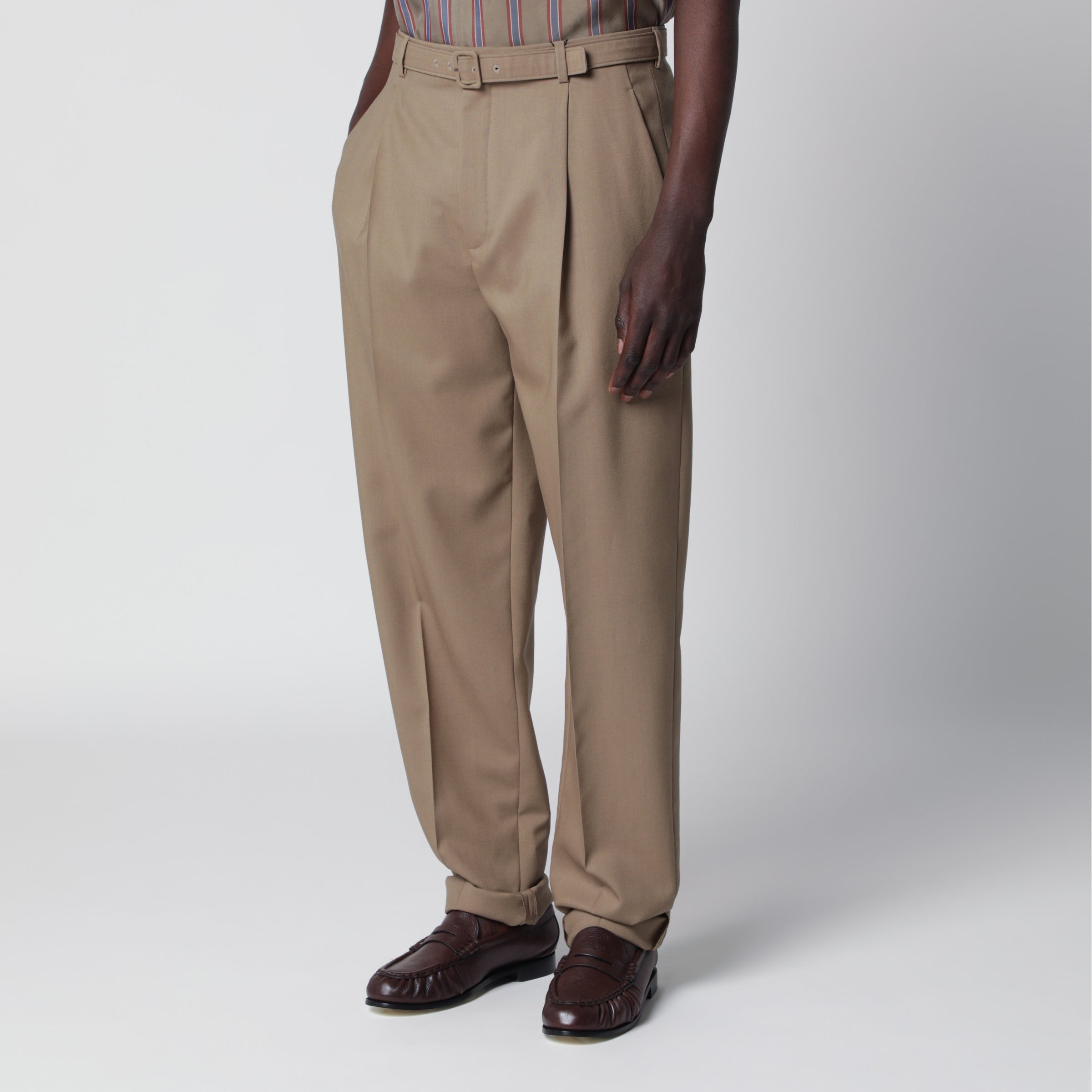 Saint Laurent Pantaloni sartoriali a vita alta con cintura in lana beige