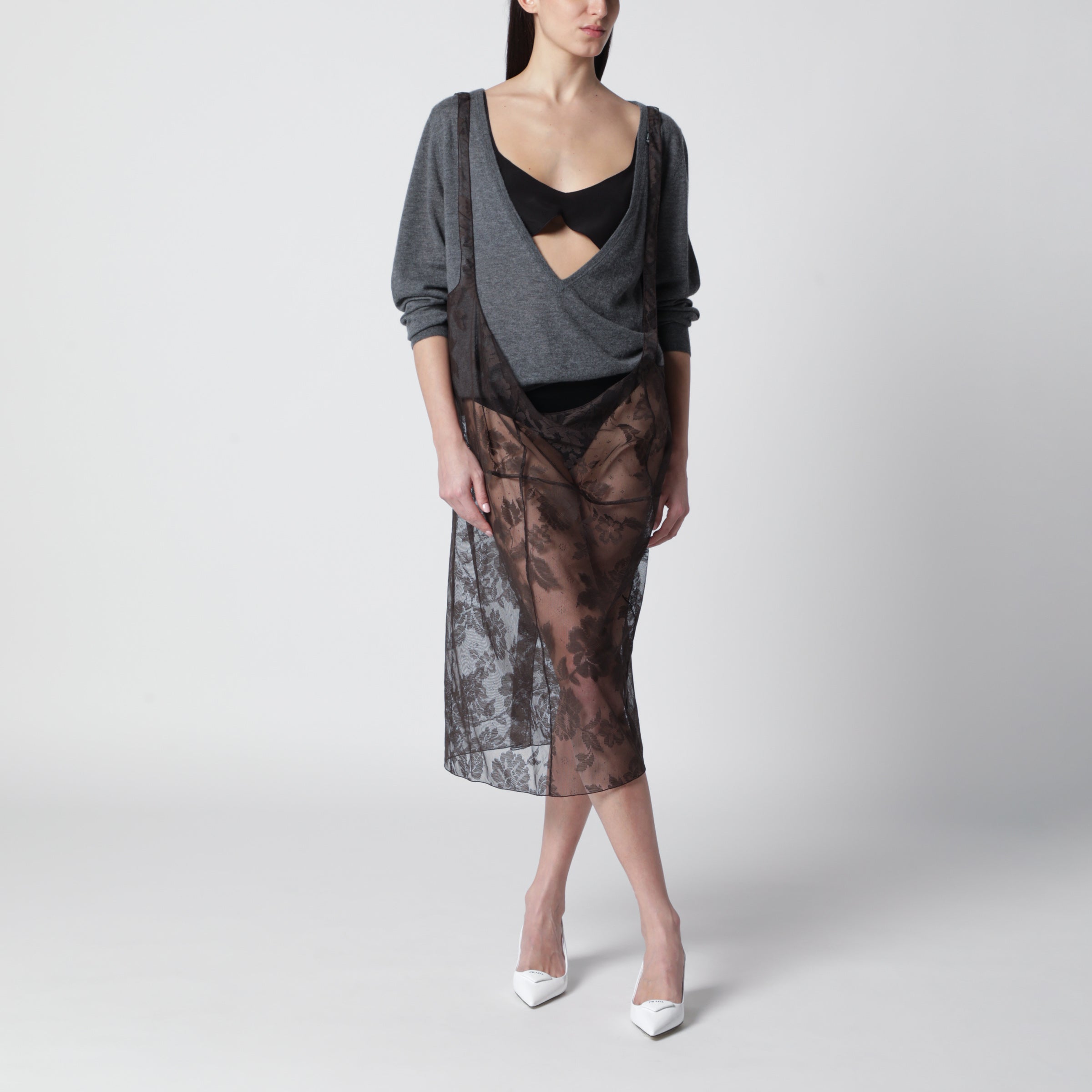 Prada Gonna midi in pizzo Chantilly con bretelle marrone