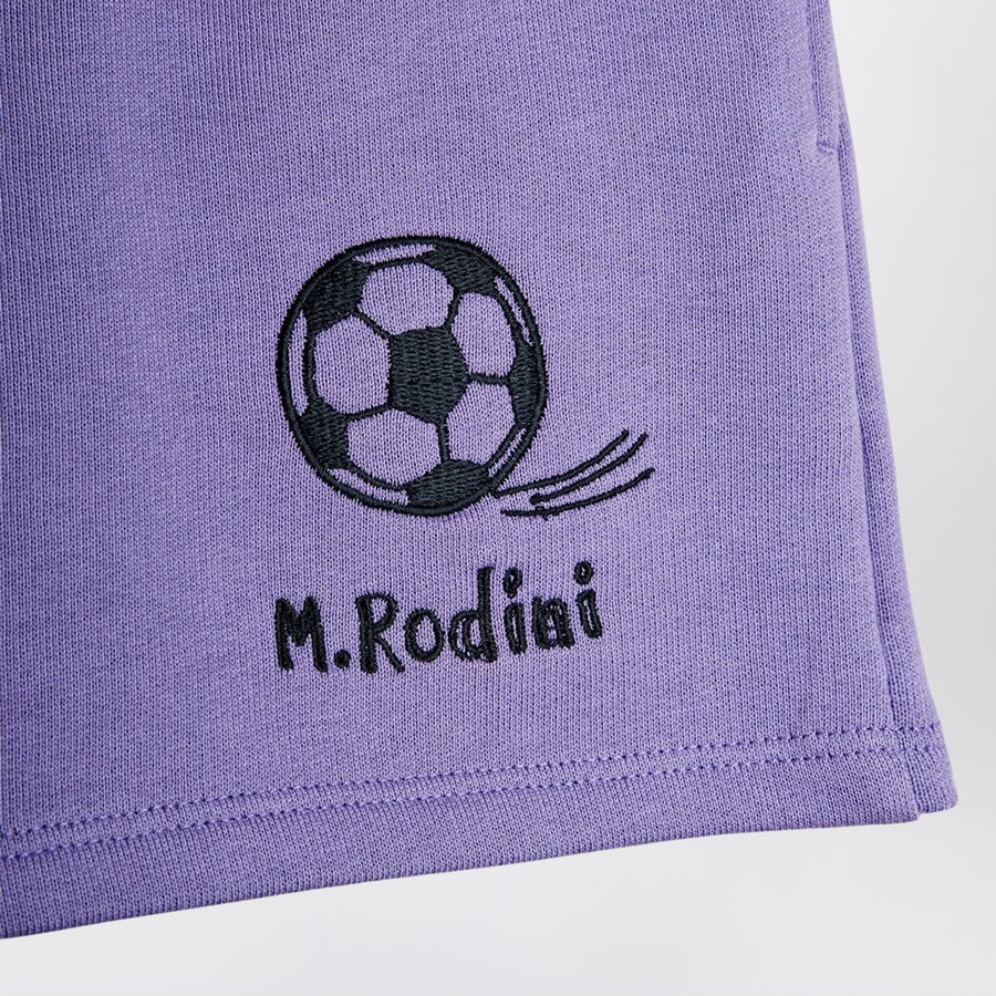 MINI RODINI Shorts viola con ricamo palla da calcio, view 3