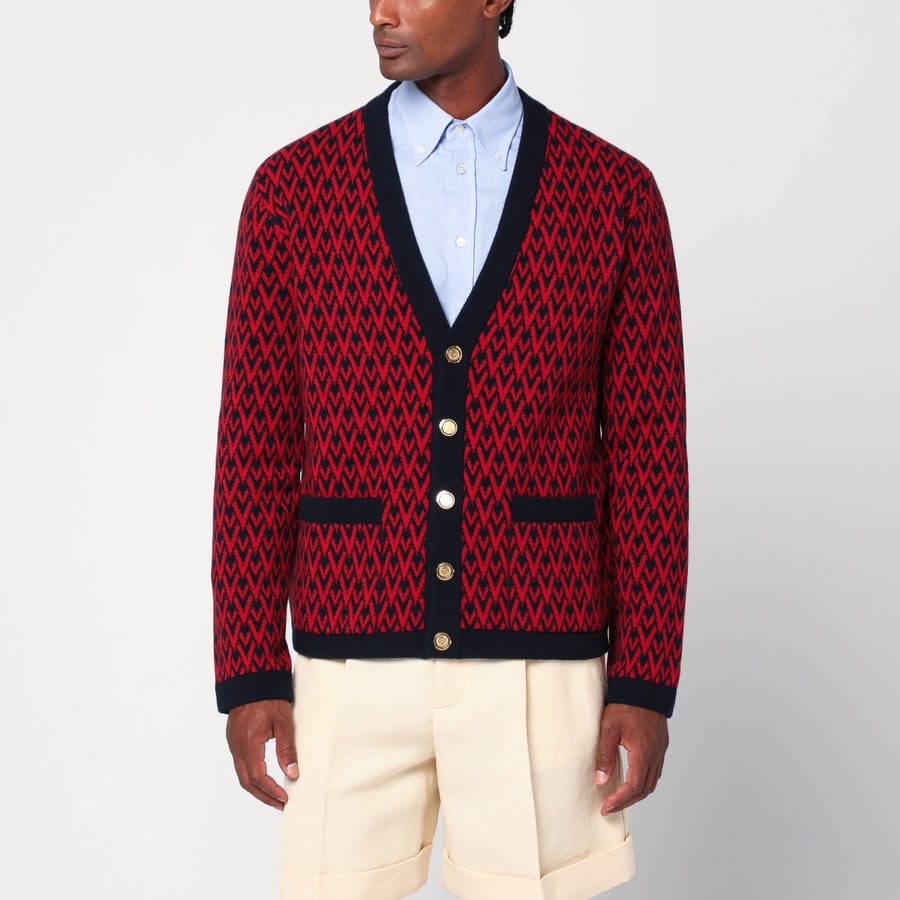 Valentino Garavani Cardigan con motivo jacquard Toute la V rosso/blu navy