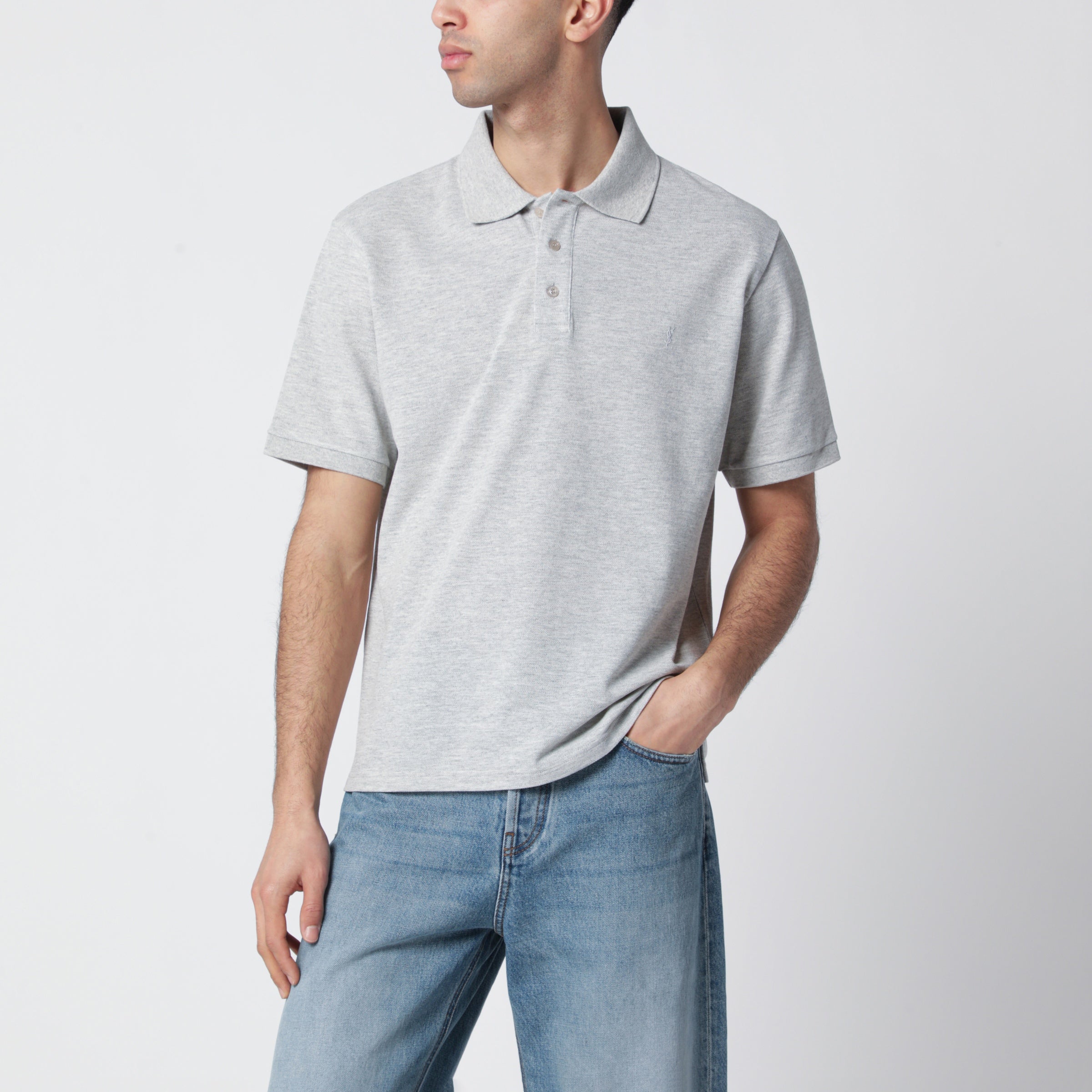 Saint Laurent Polo grigia in piqué di cotone con logo Cassandre
