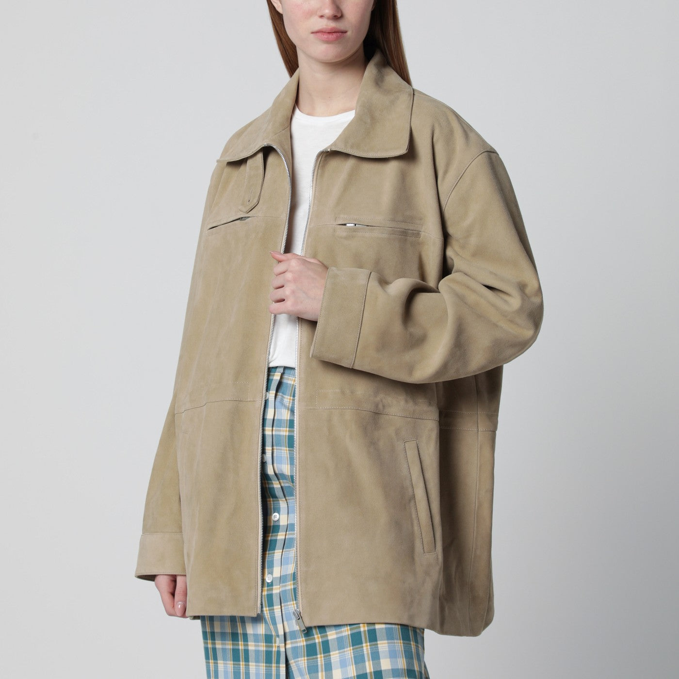 HALFBOY Parka in pelle scamosciata beige