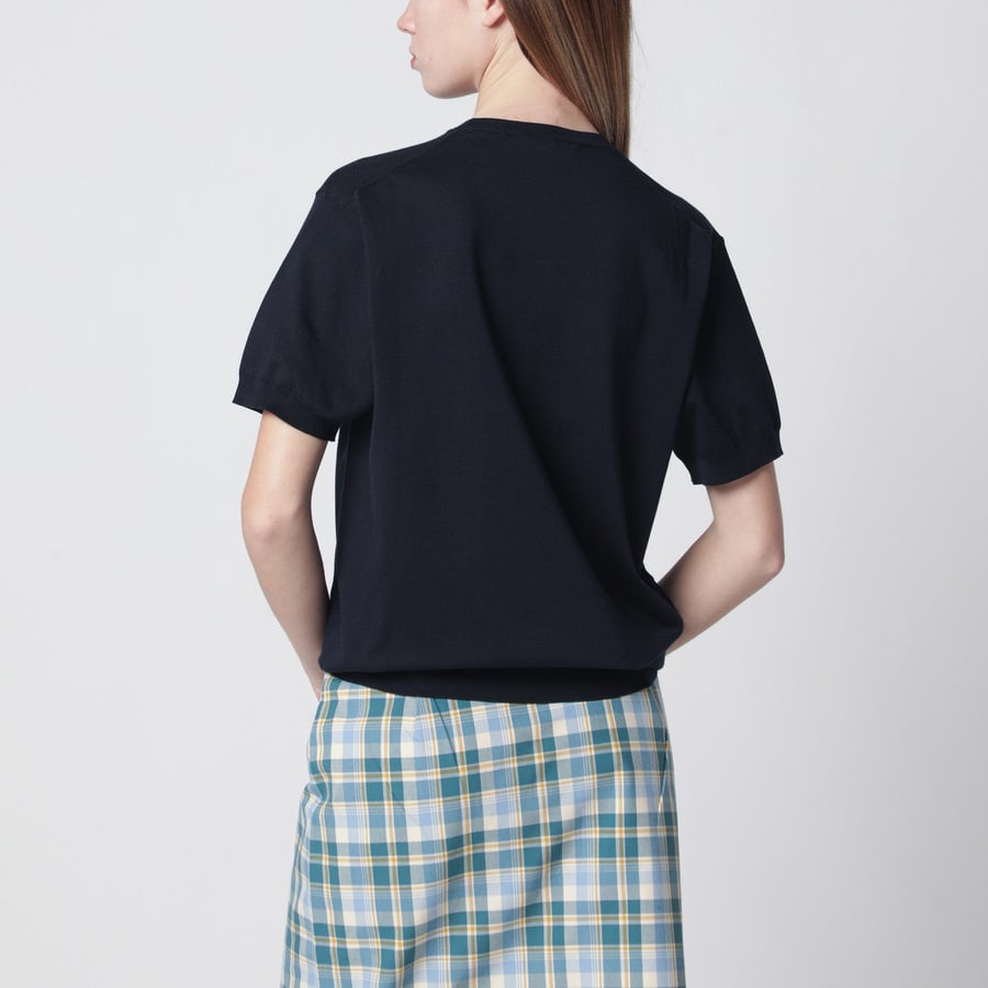 Prada Maglia blu in misto seta con logo, view 3