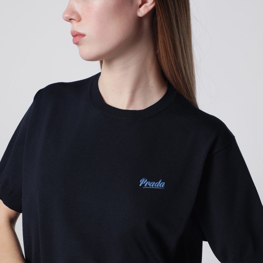 Prada Maglia blu in misto seta con logo, view 4