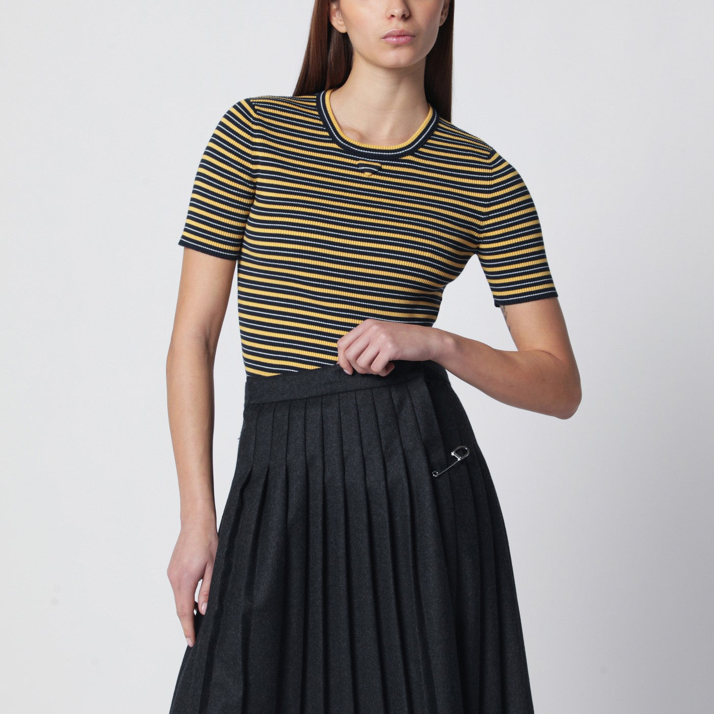 Prada T-shirt in cotone stretch a righe navy/gialle