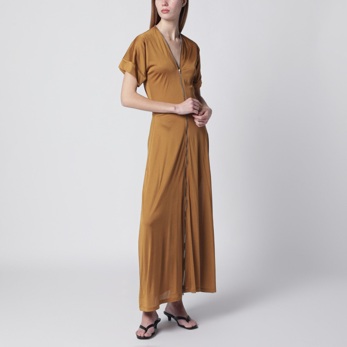Lemaire Abito con zip marrone cannella in jersey di cotone viscosa