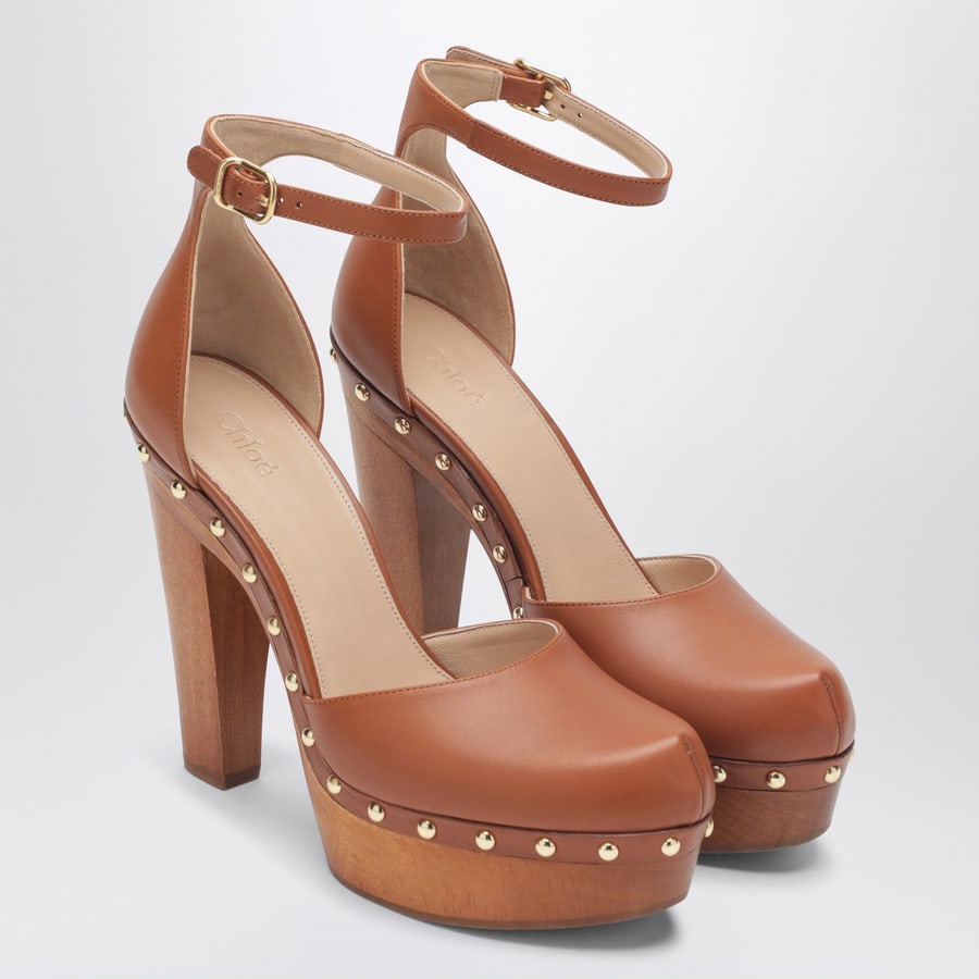 Chloé Décolleté con plateau marrone con borchie, view 2