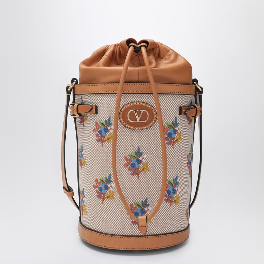 Valentino Garavani Borsa a secchiello in canvas con ricamo floreale