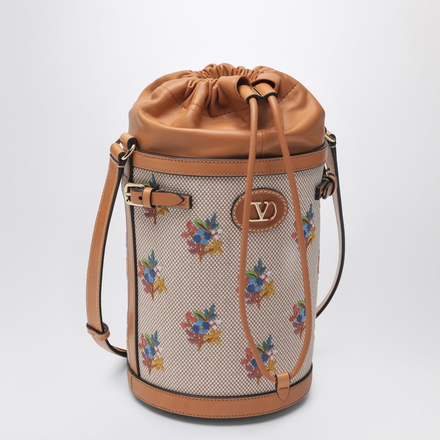 Valentino Garavani Borsa a secchiello in canvas con ricamo floreale, view 3