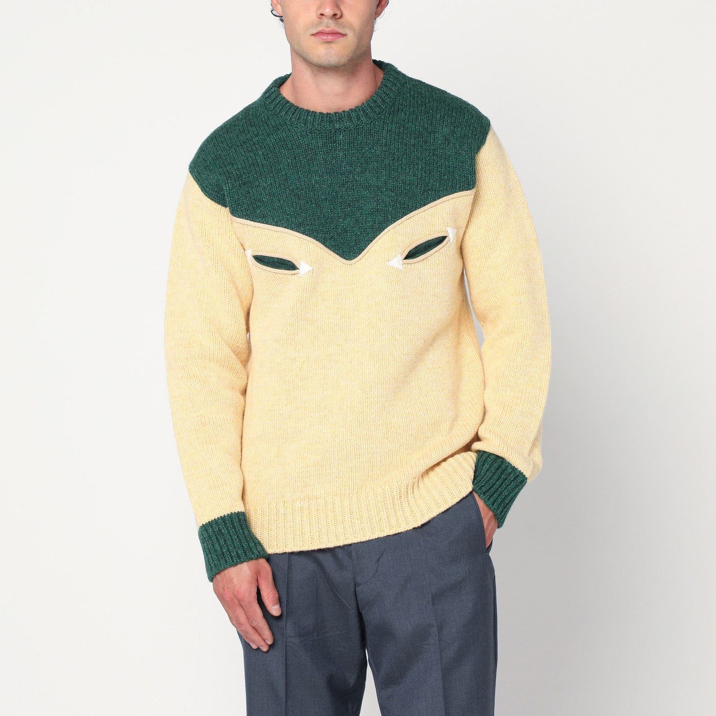 Prada Maglione color crema e verde smeraldo in lana