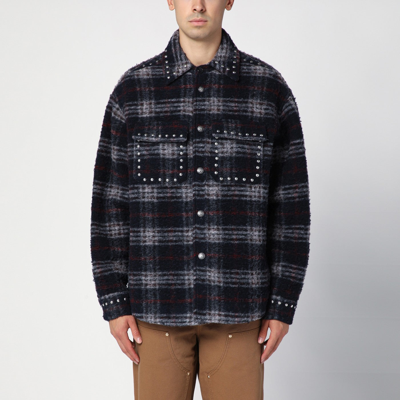 Palm Angels Overshirt in lana check navy con borchie