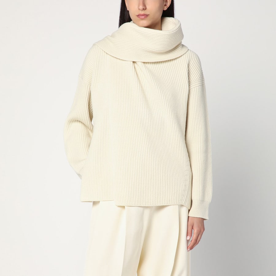 Jil Sander Maglione avorio in lana con sciarpa