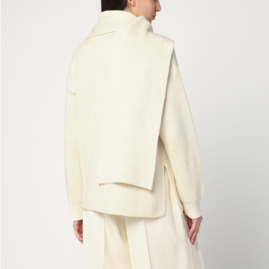 Jil Sander Maglione avorio in lana con sciarpa, view 3