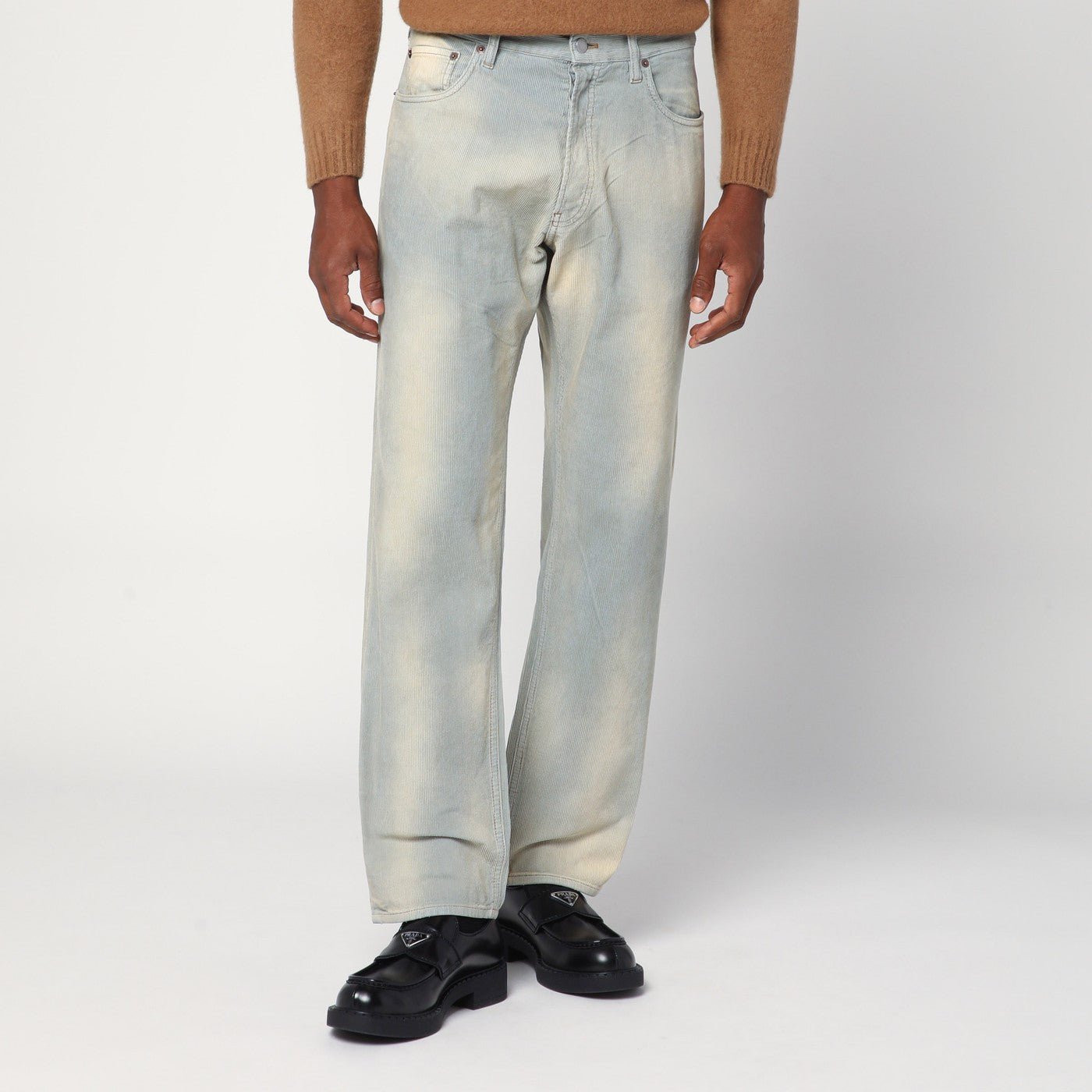 Prada Pantalone azzurro effetto washed in velluto a costine