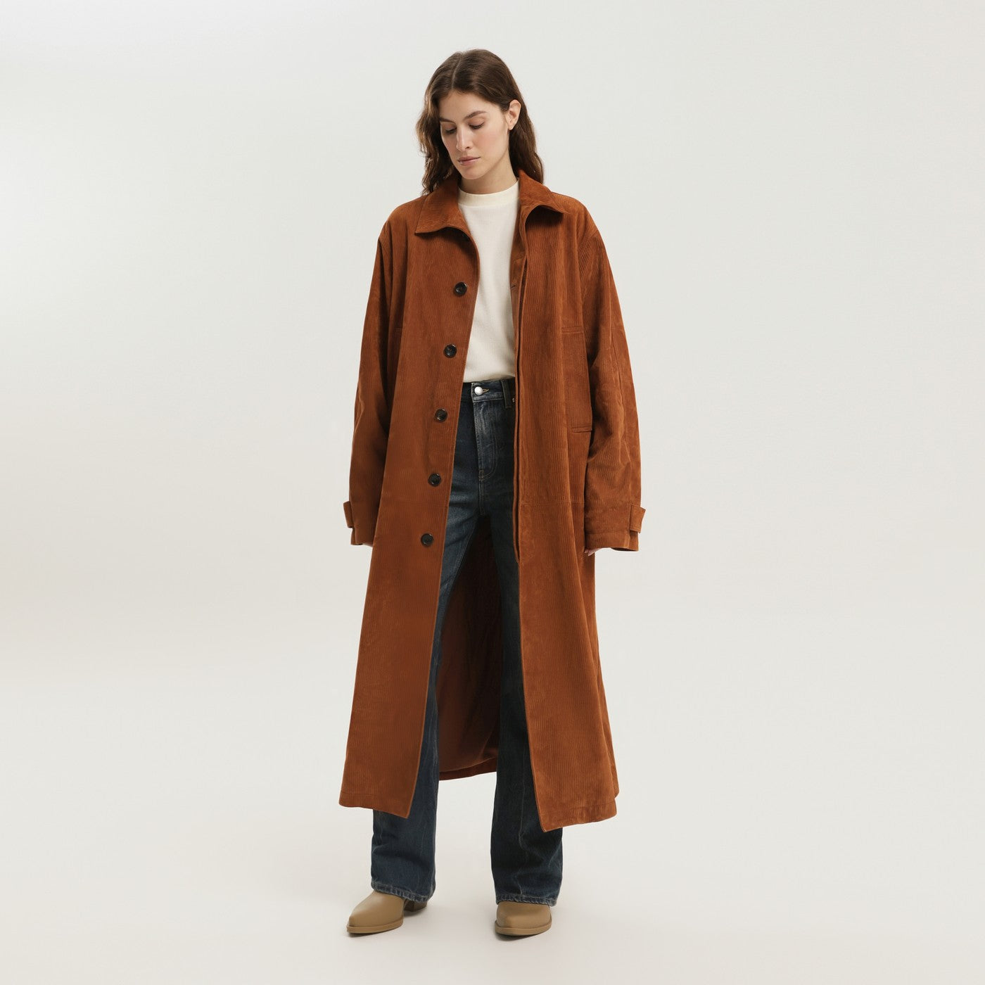 1989 STUDIO Cappotto Makintosh in pelle marrone a coste