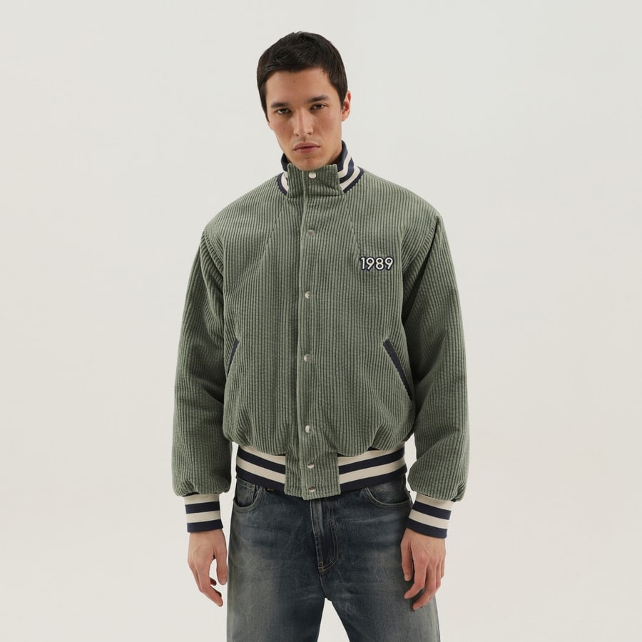 1989 STUDIO Giacca Varsity in velluto a coste verde chiara