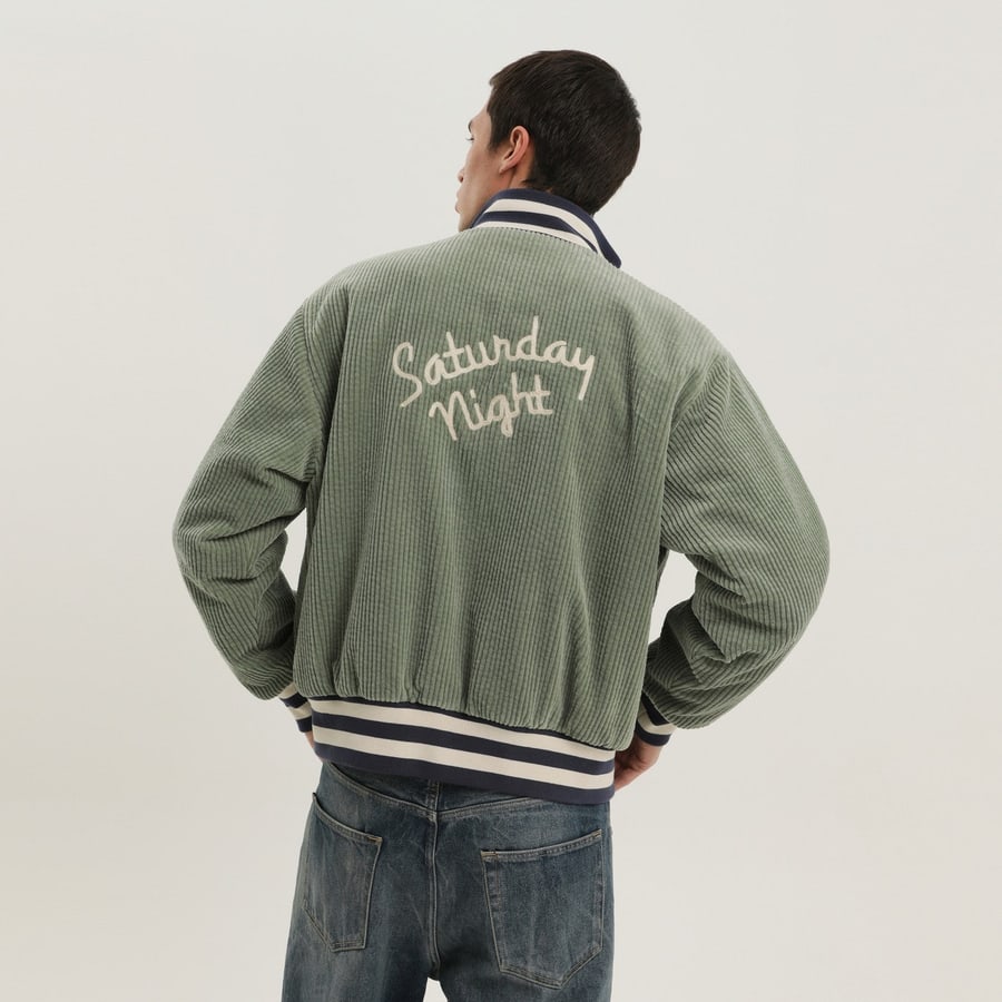 1989 STUDIO Giacca Varsity in velluto a coste verde chiara, view 3