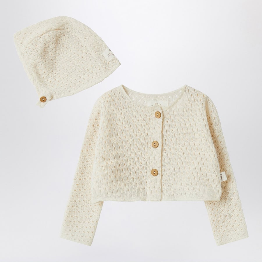 TEDDY & MINOU Cardigan e berretto color crema in maglia traforata