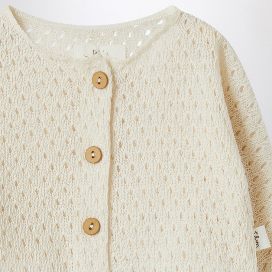 TEDDY & MINOU Cardigan e berretto color crema in maglia traforata, view 3
