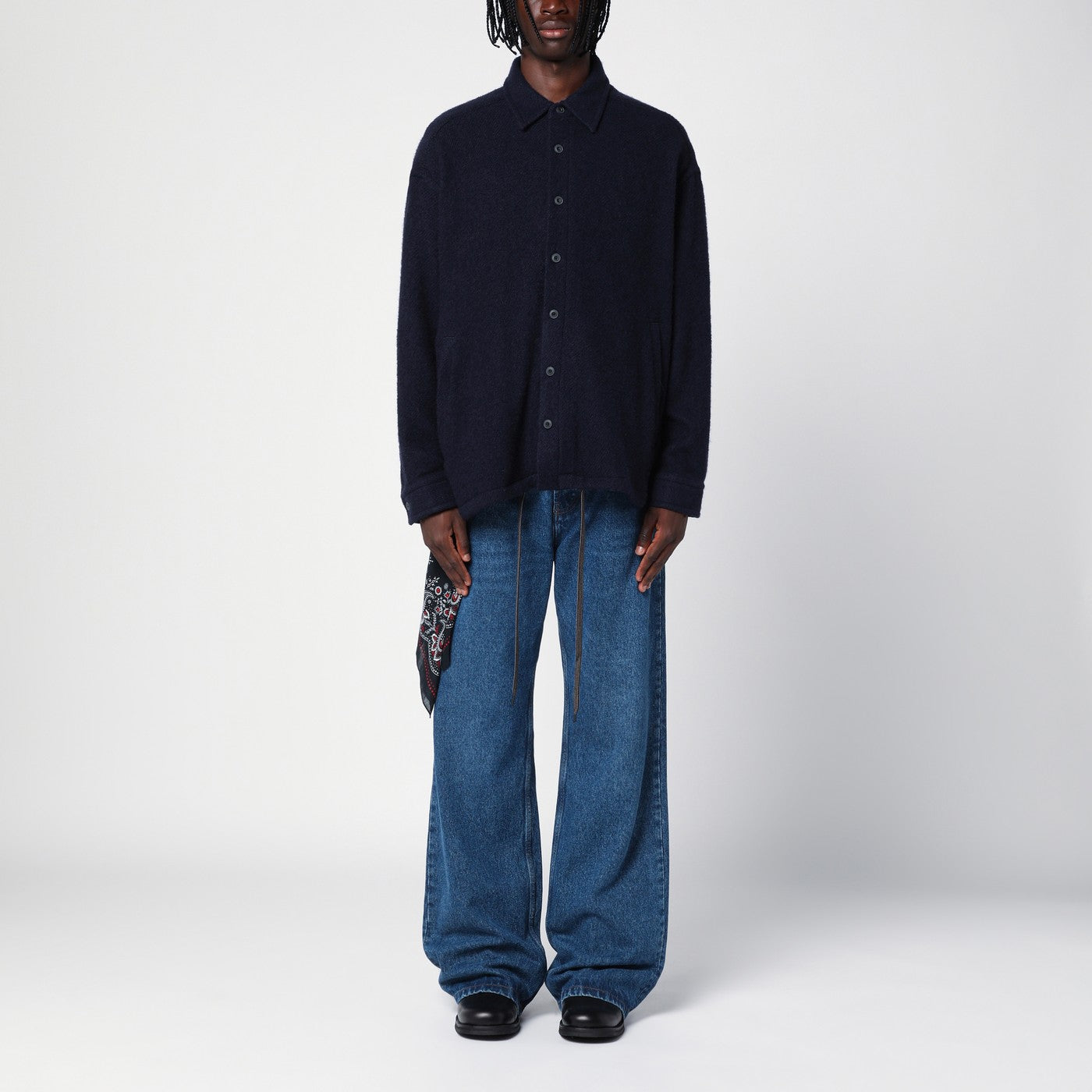 DESTIN SURL Overshirt in lana navy con stampa grafica