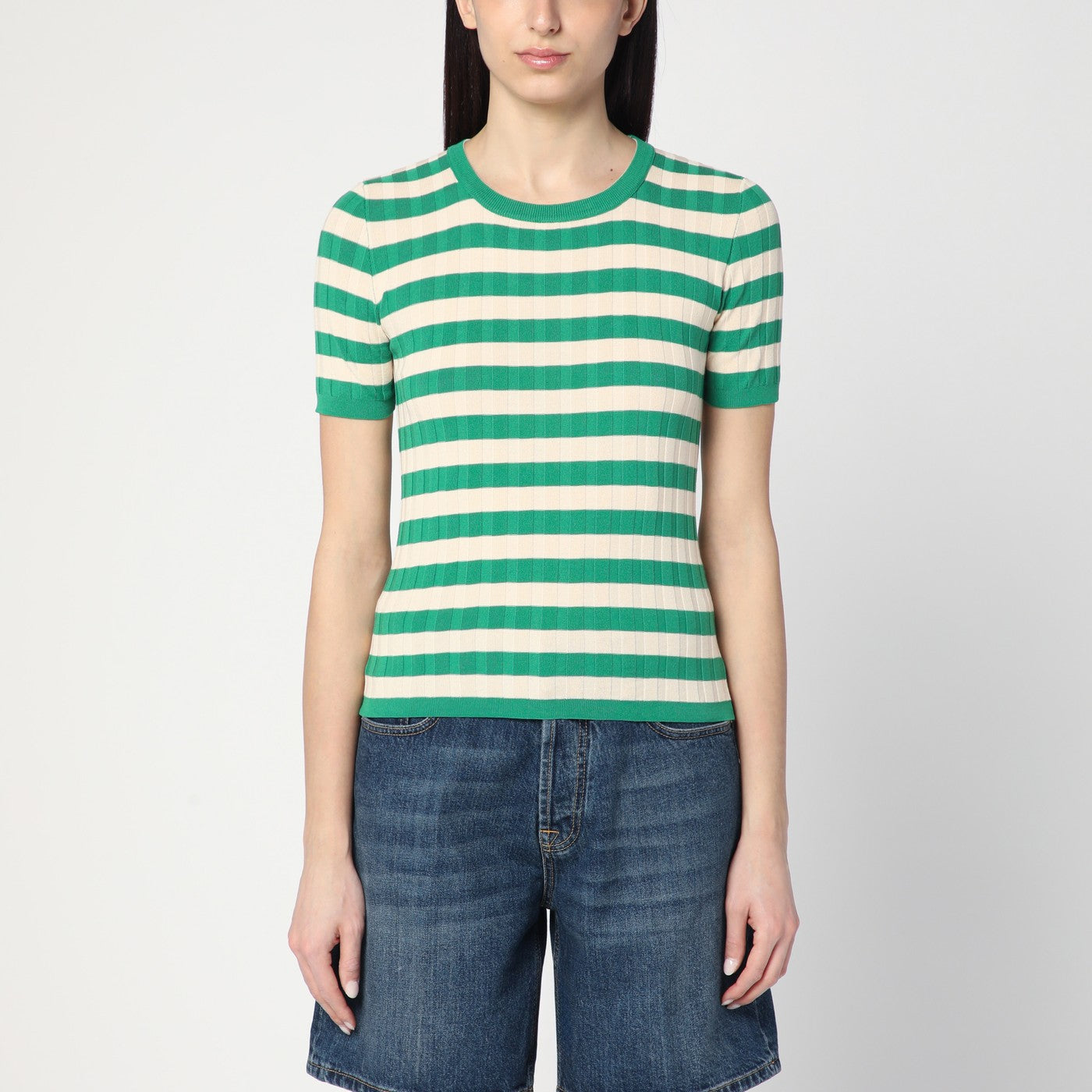 ROBERTO COLLINA Maglia a righe verde/avorio in cotone