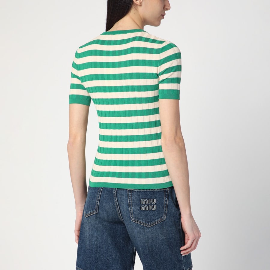 ROBERTO COLLINA Maglia a righe verde/avorio in cotone, view 3