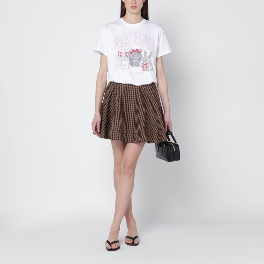 Ganni Mini gonna a ruota marrone/nera con motivo vichy, view 2