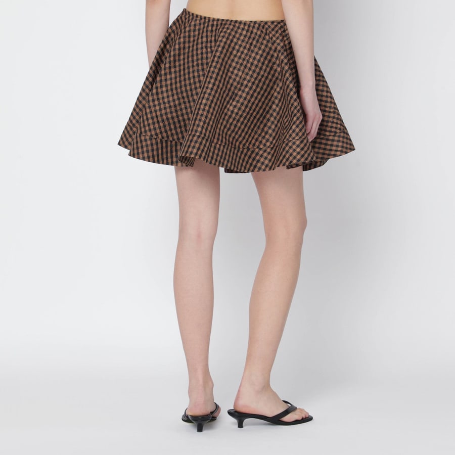 Ganni Mini gonna a ruota marrone/nera con motivo vichy, view 4