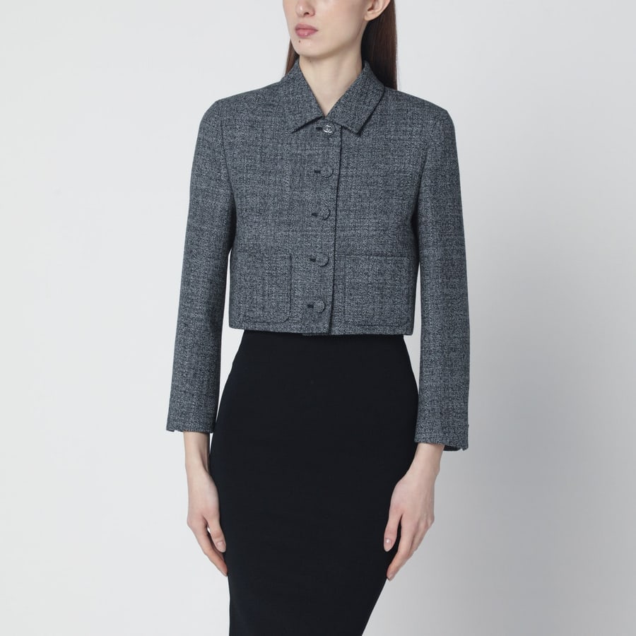Gucci Giacca cropped con trama bianca/nera in lana