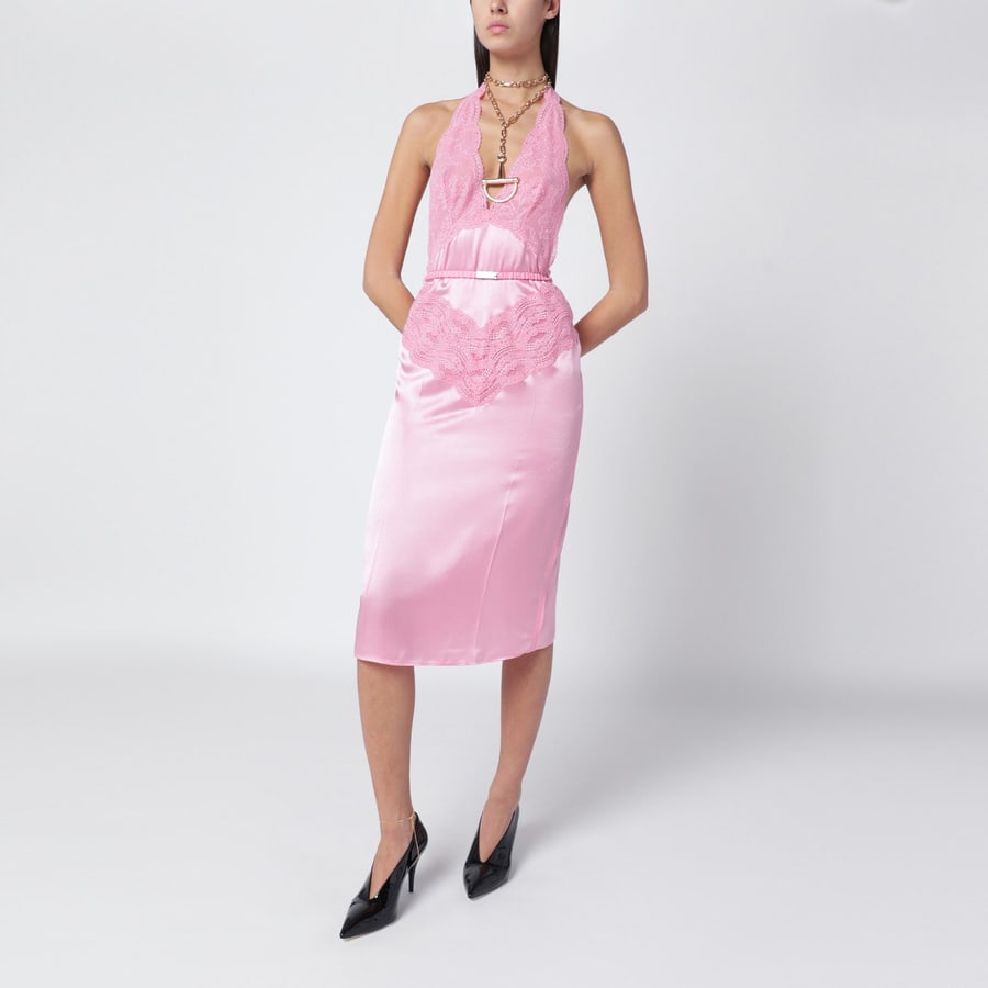 Gucci Abito in raso e pizzo rosa, view 2
