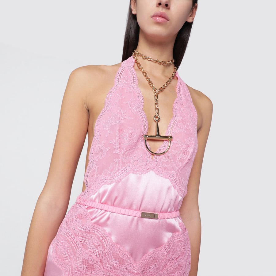 Gucci Abito in raso e pizzo rosa, view 4