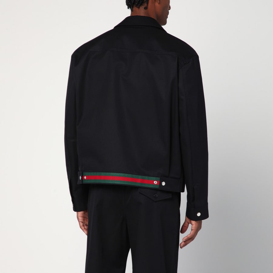 Gucci Giacca nera in twill di cotone con dettaglio Web, view 3