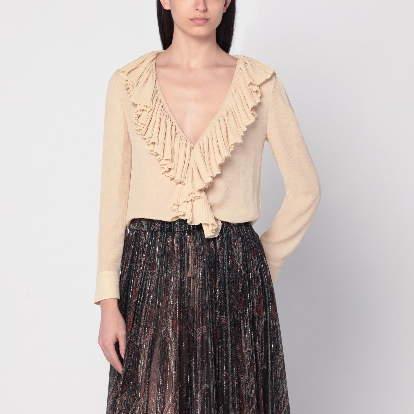 Saint Laurent Blusa a balze beige in seta