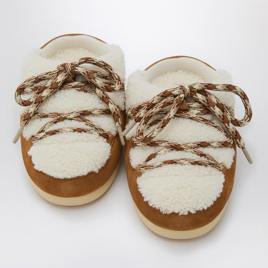 MOON BOOT Mules in shearling bianco e suede, view 2