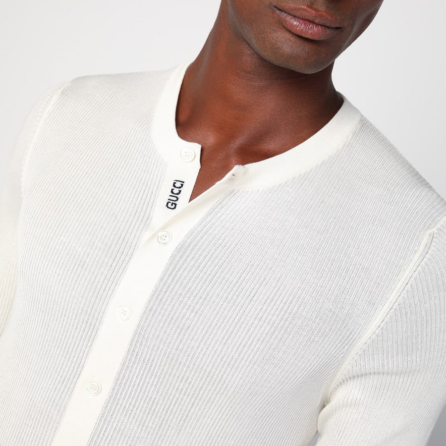 Gucci Maglia bianca in seta con nastro Web, view 4