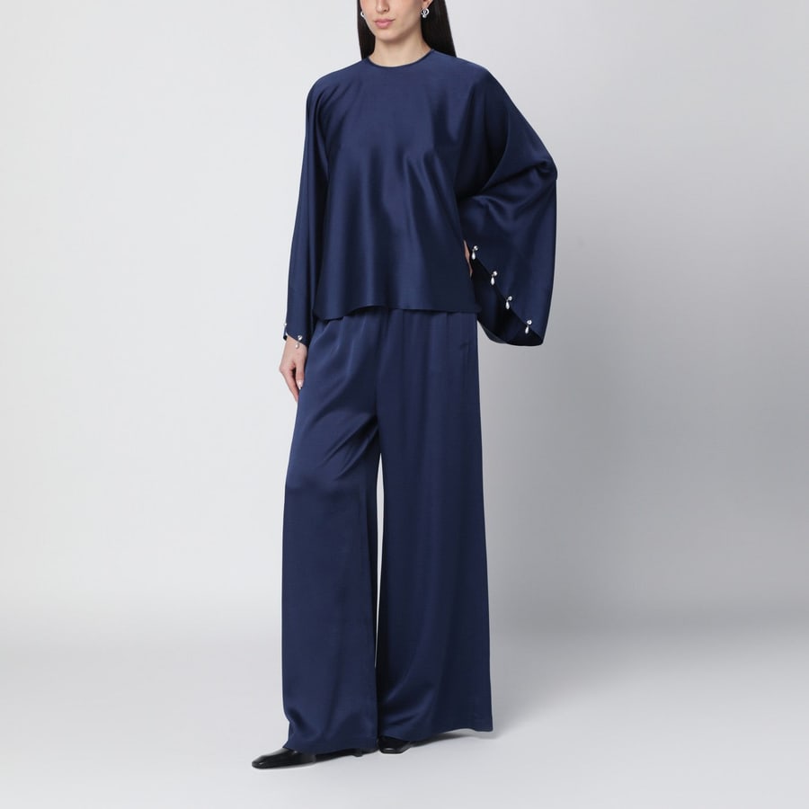 Stella McCartney Blusa oversize blu navy in satin di viscosa, view 2