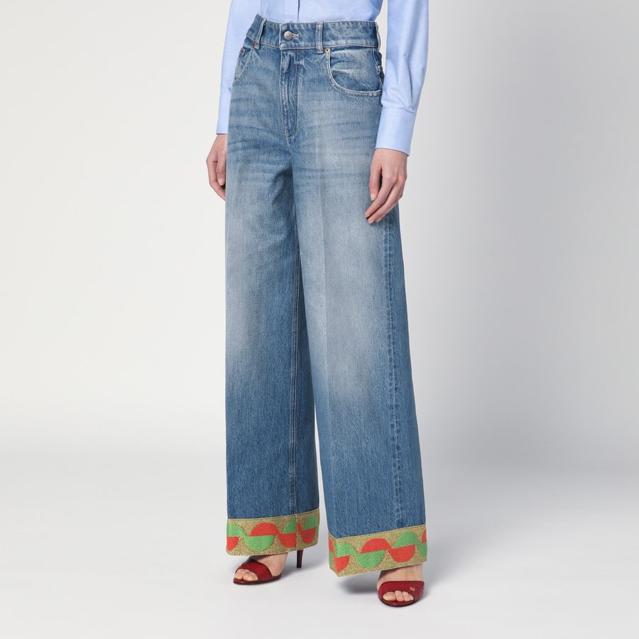 Valentino Garavani Jeans blu slavato con fondo in jacquard, view 3